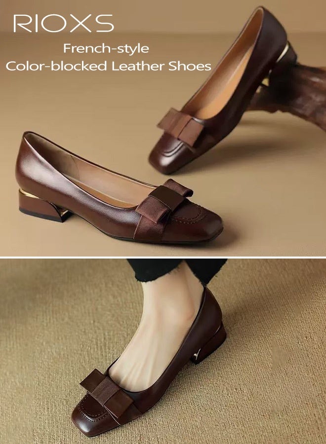 ريوكس حذاء ماري جين كلاسيكي مسطح للنساء، حذاء مسطح أنيق بمقدمة مربعة وكعب سميك ومزين بفيونكة فرنسية، تصميم مريح بكعب منخفض للسيدات، لون موحد متعدد الاستخدامات ومناسب للارتداء اليومي للمشي والعمل والمواعدة، لون بني - Image 4